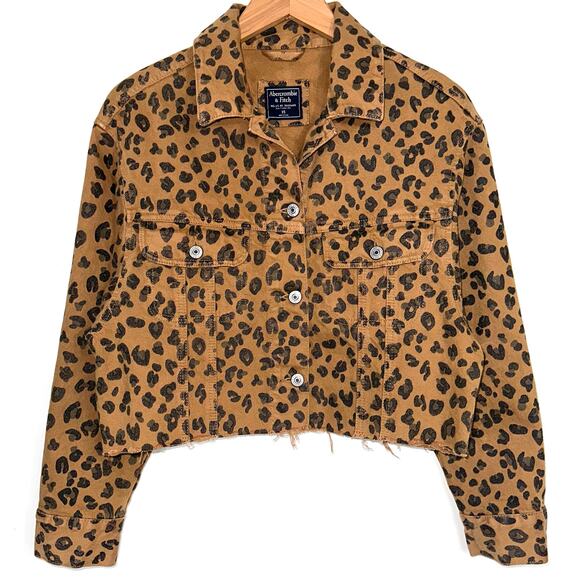 Abercrombie & Fitch Leopard Print Cropped Raw Edge Denim Jacket Size XS - Picture 2 of 12